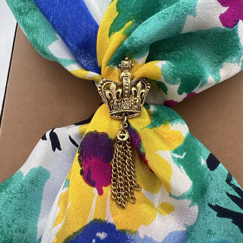 Vintage ART Arthur Pepper Crown Scarf Slide Scarf Ring Royal Gold Tone Tassels